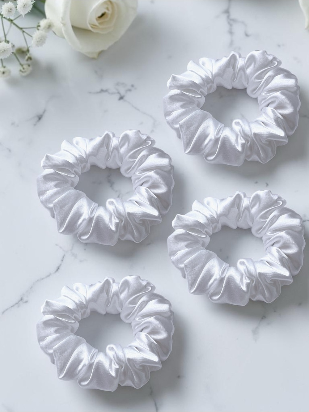 Set of 4 White Satin Scrunchies
